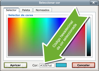 Captura de pantalla dun selector de cores onde se aprecia o código hexadecimal
