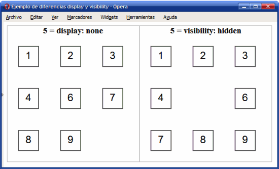 Diferenzas visuais entre as propiedades display e visibility