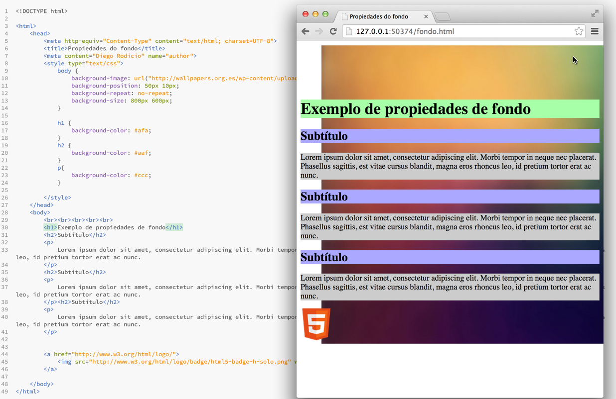 Exemplo das propiedades de fondo Exemplo das propiedades de fondo