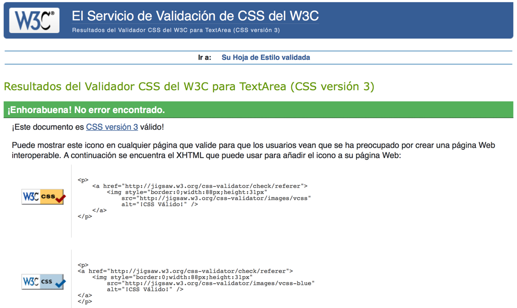 Páxina do Validador CSS cando os estilos están correctos Páxina do Validador CSS cando os estilos están correctos